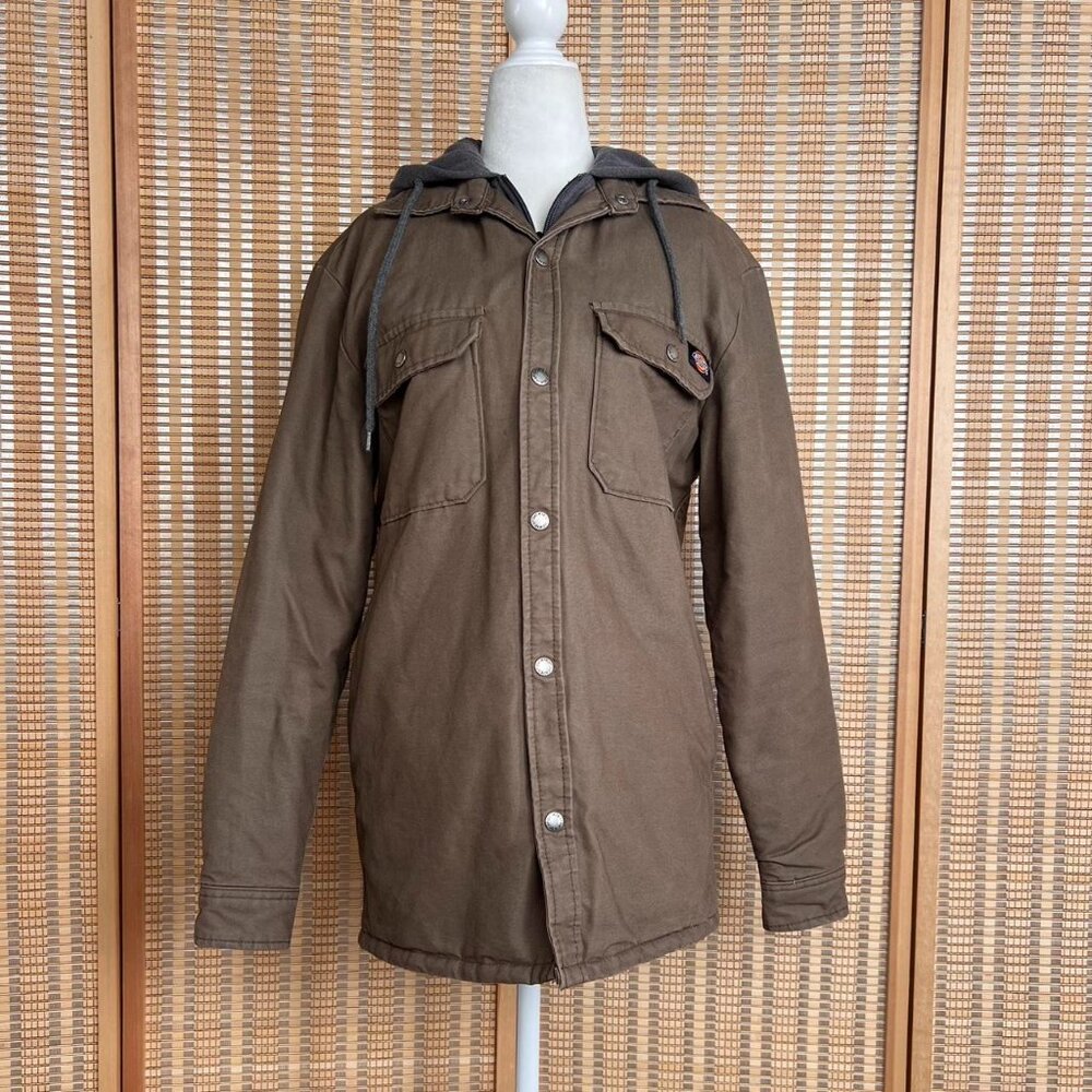 Dickies Repellant Duck Hooded Shirt Jacket in brown duck color size XS